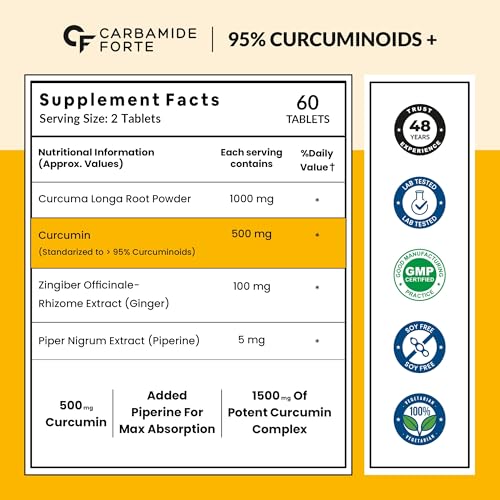 Image of Carbamide Forte Curcumin Tablets with Piperine and 95% Curcuminoids | Anti inflammatory Supplement for Adults | With Curcuma Longa, Turmeric & Ginger Root extract | 60 Veg Tablets