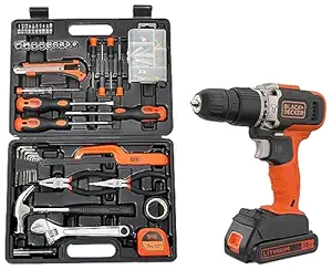 Black + Decker BCD003C1-QW 18V 10 millimeters Cordless Hammer Drill Machine with 1x1.5Ah Li-ion Battery | 29 L x 6 W x 19 H Centimeters | (Orange) & BLACK+DECKER BMT126C Hand Tool Kit (126-Piece)