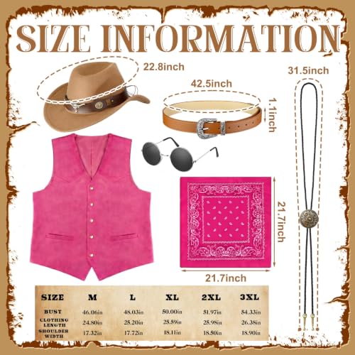 Vabean 6 Pcs Cowboy Costume Men Western Outfit Cowboy Vest Hat Necklace Belt Buckle Bandana Glasses for Rave Accessories(Pink,XL) by Vabean - Used condition - Image 4