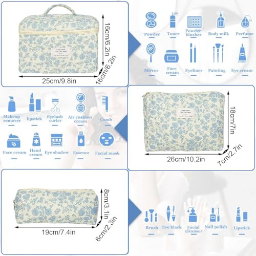 Image of MAYCREATE Makeup Pouch Bag 3pcs Makeup Organizer Bag Combo, Cosmetic Brush Makeup Pouch for Women, Quilted Cotton Large Floral Make Up Toiletry Bags for Travel