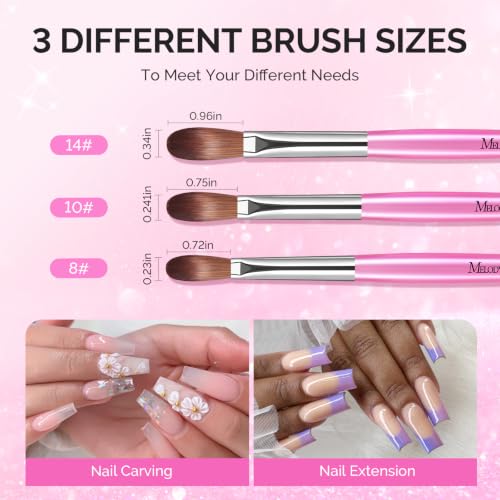 Image of MelodySusie Acrylic Nail Brush Set, Size 8,10,14, Pink Silver Nail Brushes