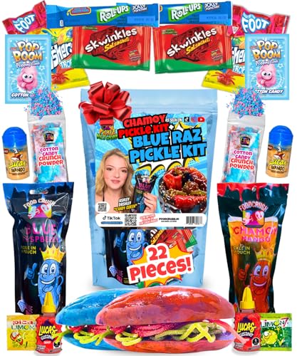 Chamoy Pickle Kit For 2 + Blue Raspberry Pickle Kit-Tiktok Candy Gift with Fruit Roll ups, skwinkles and other Mexican candy snacks. Variety Pack-Care Package