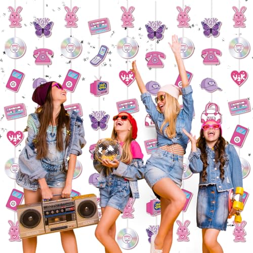 Image of Spakon 8 Packs Y2k Party Decorations Pink Paper Banner Early 2000s Hanging Decor I Love 00's Paper Cutout Retro 2000s Garland for Birthday Female Bachelorette Party Supplies Decoration