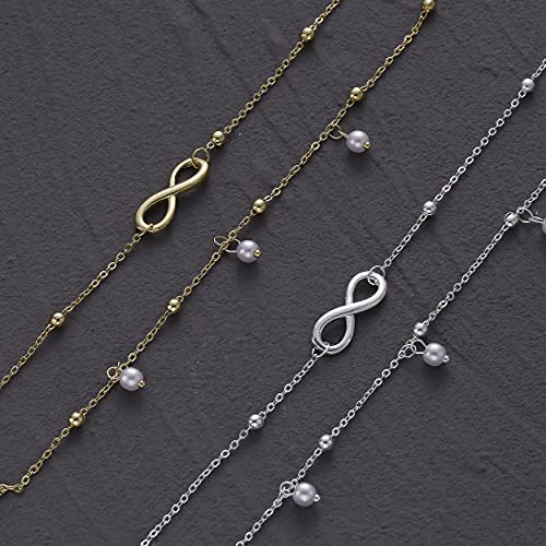 Image of ASCOMY 14K Gold Plated Ankle Bracelets for Women Dainty Layered Infinity Pearl Charm Beaded Chain Anklet Simple Cute Gold Anklets for Her Minimalist Summer Beach Foot Chain Gold Anklet Jewelry