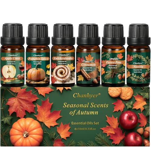 Fall Essential Oils Set 6x10ml-Pumpkin Spice Apple Cider Snickerdoodle Vanilla Cinnamon Pine Autumn Fragrance Oils for Diffuser Home Scenting and Seasonal Gifts