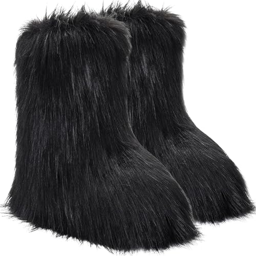 Kids Fur Boots Furry Boots for Girls Warm Faux Fur Snow Boots for Kids,Mid-Calf Flat