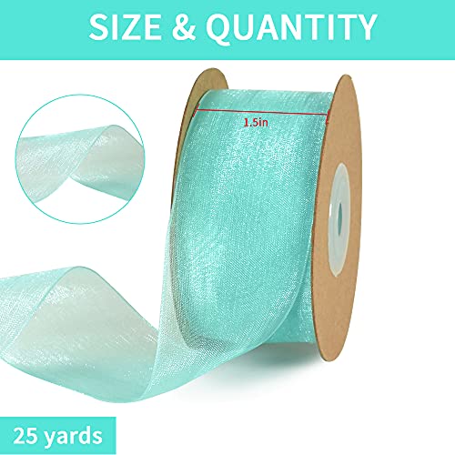 Toniful 1-1/2 Inch Turquoise Aqua Blue Organza Ribbon 25 Yards Sheer Chiffon Ribbons For Crafts Wedding Christmas Tree Decorations Valentine's Day Gift Wrapping Bow Making Floral Bouquets Wrapping #TOP1