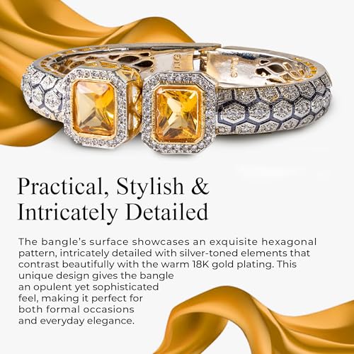 Royal Princess 18K Gold-Plated Cuff Bracelet with Intricate Hexagonal Design; Stunning Gold Bangle Bracelet for Women with Topaz-Colored Stones; Elegant, Durable, and Fit for different Occasions4