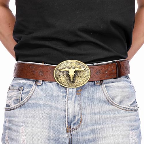 Ayliss Women Men Western Belts Cowboy Cowgirl Country Belt Longhorn Bull Buckle Belt Floral Engraved PU Leather Waist Belt2