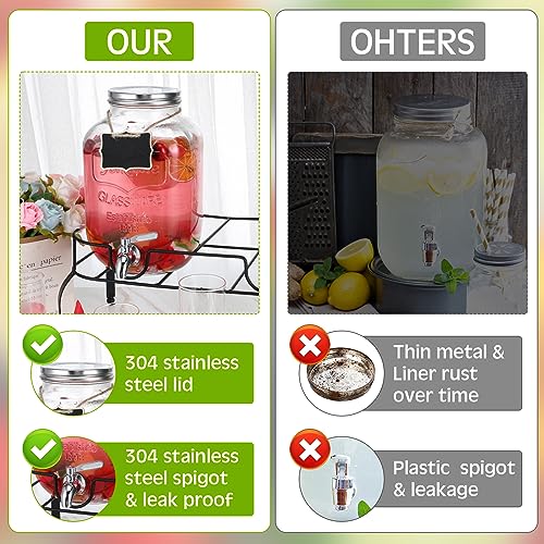 Image of Lallisa 2 Pcs 2 Gallon Glass Drink Dispenser with Stand Ice Cylinder Hanging Chalkboard Signs 18 /8 Stainless Steel Spigot Beverage Dispensers for Parties Mason Jar Drink Lemonade (Silver Spigot)