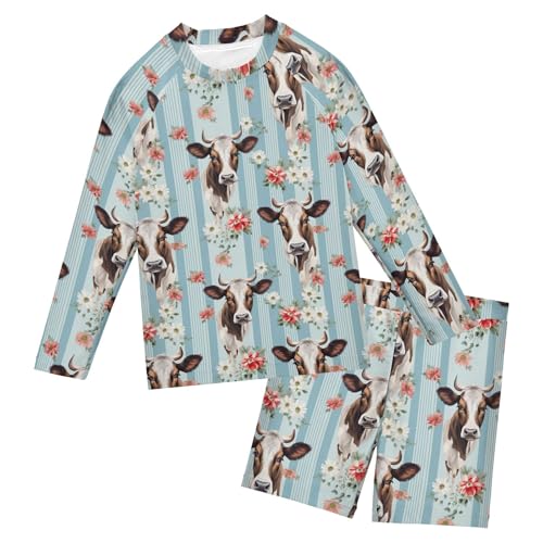 Cow Ox Animal Flowers Toddlers and Baby Boys' Swimsuit Trunk and Rashguard Set B0402767
