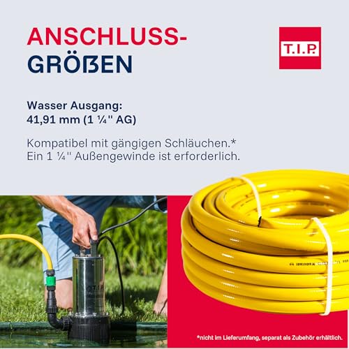 T.I.P. Drain 6000/36 Edelstahl-Tauchdruckpumpe, 950 W Klarwasser-Pumpe mit 6.000 l/h Förderleistung, 34 m Förderhöhe (3,4 bar), 10 m Kabel, 7 m Eintauchtiefe, für Zisterne, Garten, Haus & Bewässerung