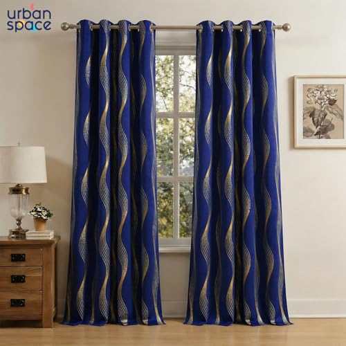 Image of Urban Space 80-85% True Blackout Curtains for Door, Gold Foil Printed Blackout Curtains, Decorative Door Curtain Eyelet with Tieback, 1 Piece Curtain for Living Room(Double Wave Navy Blue, 7 Feet)