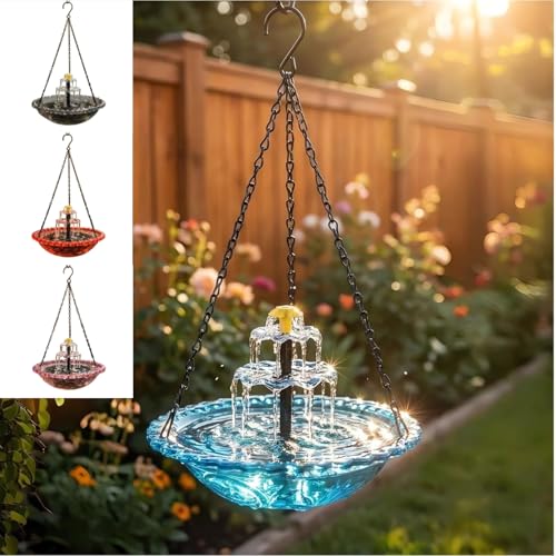 2026 Solar Cascade Hanging Bird Bath Fountain - 3 Layers Outdoor Water Feature for Hummingbirds Easy-Clean 9.3 Glass Basin with Solar Powered Pump Attract Wild Birds to Garden Patio (Blue)