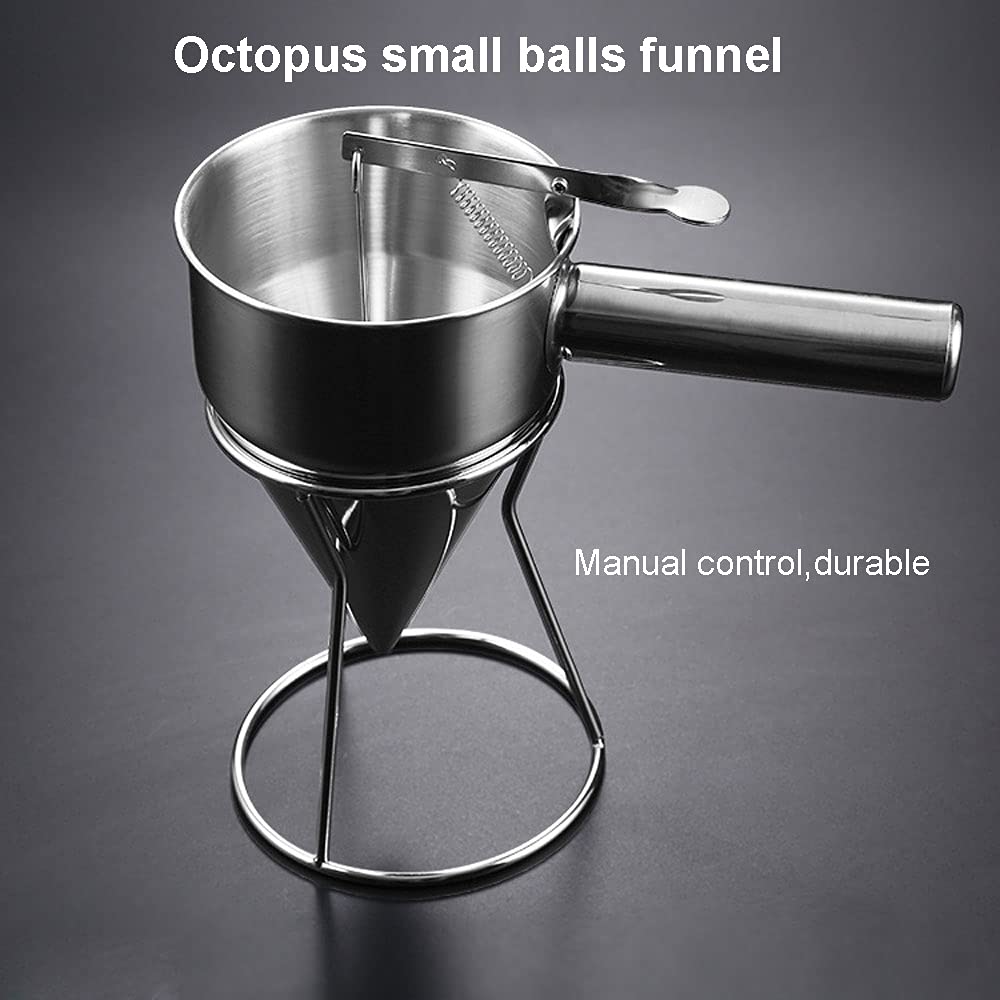 GEETEST Stainless Steel Pancake Batter Dispenser Funnels with Stand, Detachable handle Funnel Dispenser for Takoyaki and Baking (1200mL)