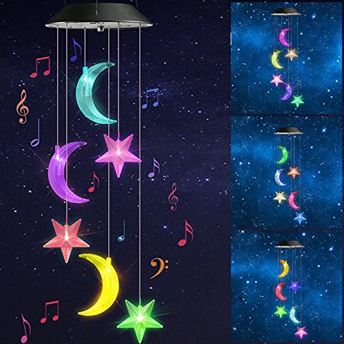 Image of Toodour Solar Wind Chimes, Color Changing Wind Chimes Moon and Star, LED Decorative Mobile, Gift for Mom Grandma, Waterproof Outdoor Moon Star Light for Garden, Patio, Yard, Window Outdoor Decor