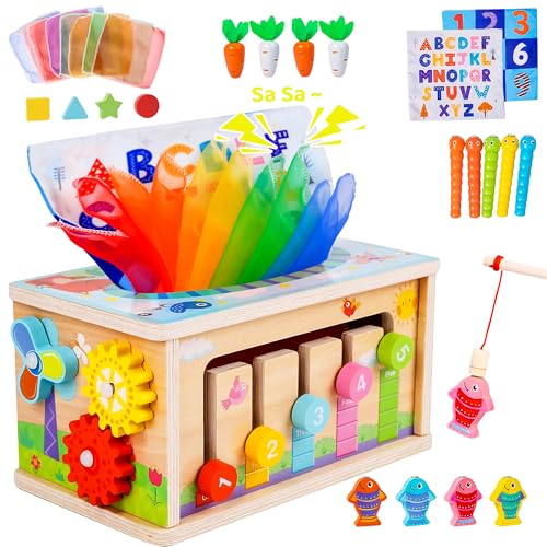 Image of Mummed Montessori Baby Wooden Tissue Box Christmas Toy 6-in-1 Sensory Tissue Box Toy for Babies 36+ Months Developmental Toys for Babies, for 36+ Months