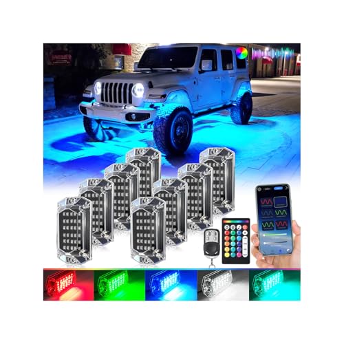 8Pods Full Angle RGB LED Rock Lights Full Kit for Jeep Trucks ATV UTV SXS RZR SUV Golf Cart Offroad Pickup, 240Chip Waterproof Multicolor Underglow Light with APP/RF Remote, Neon Underbody Accent 12V