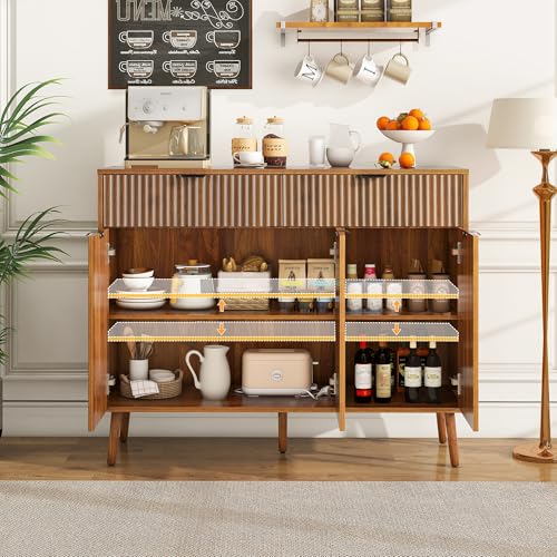 LYNCOHOME Fluted Sideboard Buffet Cabinet with Storage,2 Drawers and 3 Doors,Wood Coffee Bar Cabinet with Solid Wood Feet for Kitchen,Hallway - Image 6
