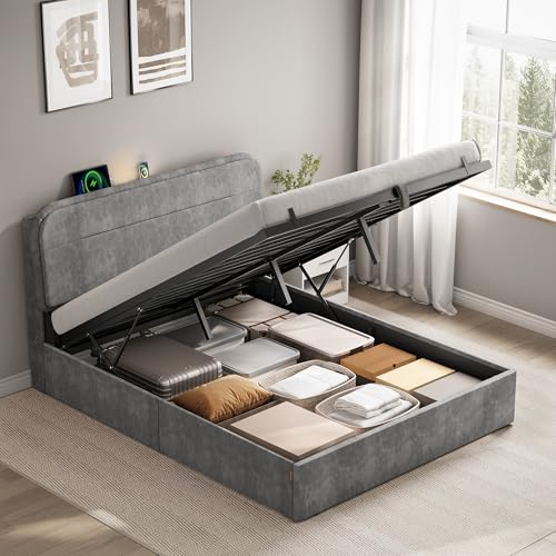 VASAGLE Lit Coffre 140 x 190 cm, Lit Double, Cadre, Sommier Relevable, avec Rangement, Éclairage LED, Ports de Charge, Style Moderne, Gris Ardoise RMB943G01V2
