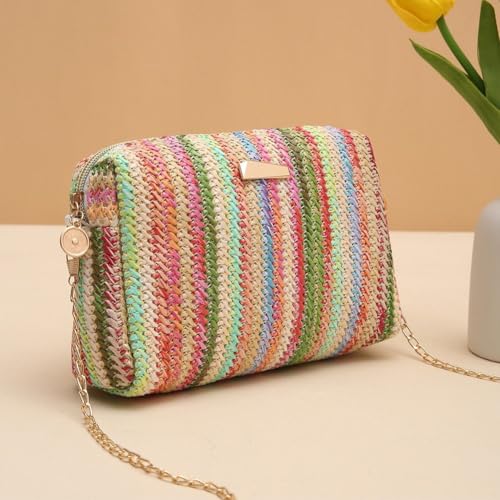 Rainbow Rattan Knitting Shoulder Bag Straw Crossbody Bag Summer Beach Chain Rainbow Handbag Flap Bag for Women3