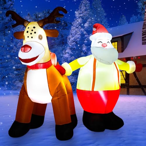 7ft Inflatables Christmas Yard Decorations, Blow Up Santa Reindeer Xmas Inflatable with LED Lights for Outdoor Yard Garden Party Decor