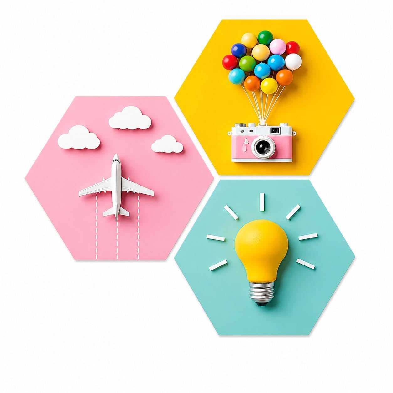 JOYSPHERE MDF Hexagon Wall Decor Set of 3 | Airplane, Camera & Light Bulb Design Wall Art | Modern Creative Wall Hanging for Living Room, Study Room, Office & Home Décor-image-5