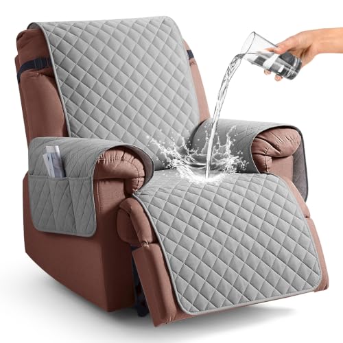 Image of KinCam 100% Waterproof Recliner Chair Cover, Reclining Couch Covers for Pets, Dogs, Recliner Couch Slipcover Furniture Protector with Elastic Straps for Kids(28 inch, Light Gray)