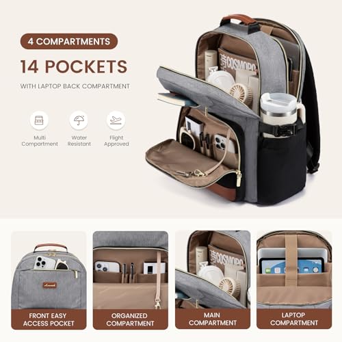 Image of LOVEVOOK Laptop Backpack for Women with Pouch Pocket for Large Capacity Cup,15.6 Inch Teacher Nurse College Work Backpack Purse,Waterproof Laptop Bag Computer Back Pack for Travel, Grey-Black-Brown
