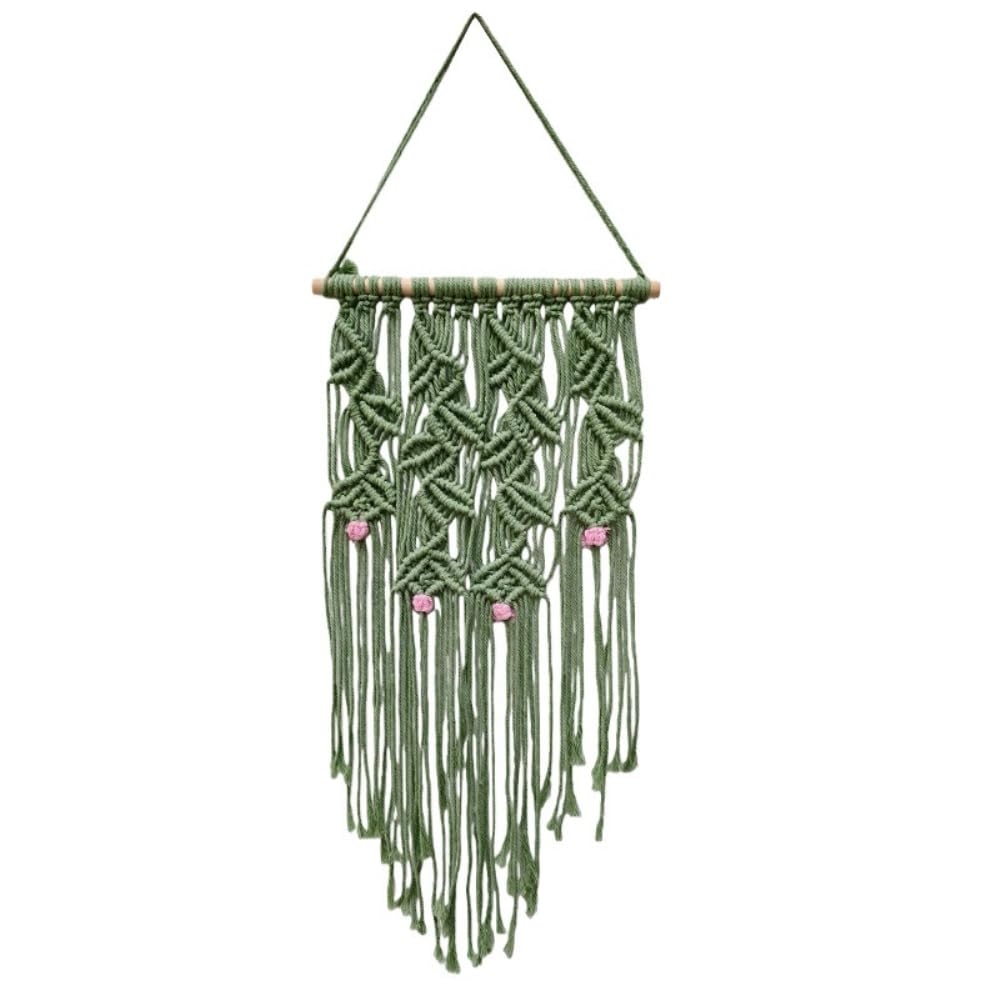 Arazzo da parete in macramè in corda di cotone, 85 x 30 cm, stile boho, con asta di legno, decorazione da parete per camera da letto, soggiorno, appartamento, tenda da parete, 2 pezzi, verde
