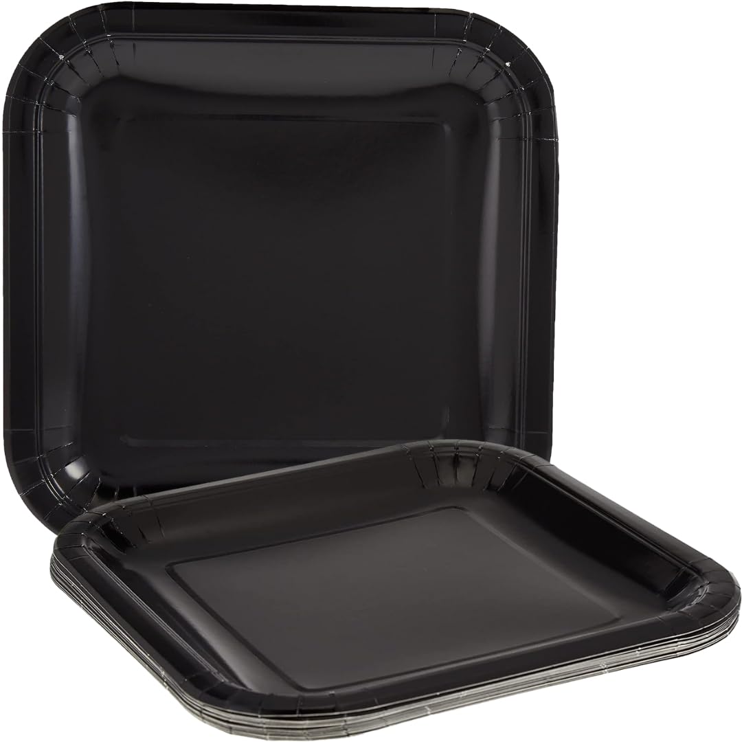 Solid Midnight Black Square Paper Dinner Plates (22cm) 14 Count - Elegant, Disposable, Perfect for Parties & Events