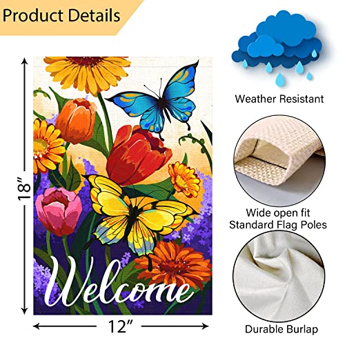 Louise Maelys Welcome Spring Floral Garden Flag 12X18 Double Sided, Burlap Small Vertical Spring Summer Butterfly Garden Yard Flags For Seasonal Outside Outdoor House Decoration (Only Flag) #TOP2