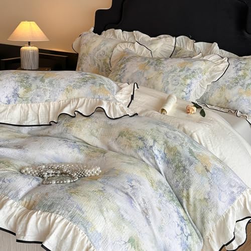 VM VOUGEMARKET Muslin Cotton Duvet Cover Set King Shabby Watercolor Duvet Cover with Ruffles Soft Linen Like Gauze Comforter Cover with Zip Closure and Corner Ties- 104"x90"