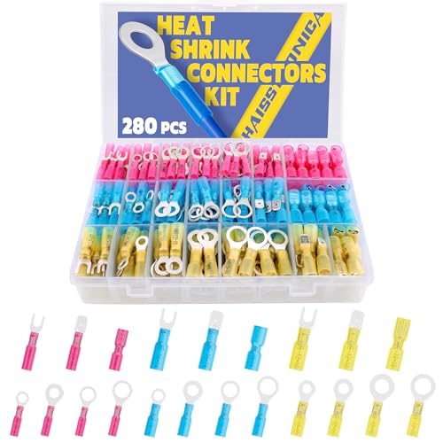 Haisstronica HX1175 280Pcs Marine Grade Heat Shrink Wire Connectors-Electrical Connectors Kit Of Tinned Red Copper,Crimp Insulated Ring Fork Spade Butt Splice(3Colors/21Size) 16-14 22-16 12-10 Gauge thumb #6