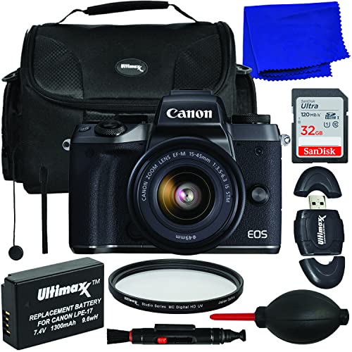 Ultimaxx Starter Bundle + Canon EOS M5 Mirrorless Digital Camera with 15-45mm Lens + SanDisk 32GB Ultra Memory Card, Protective Multi-Coated UV Filter, 1x Replacement Battery & More (17pc Bundle)