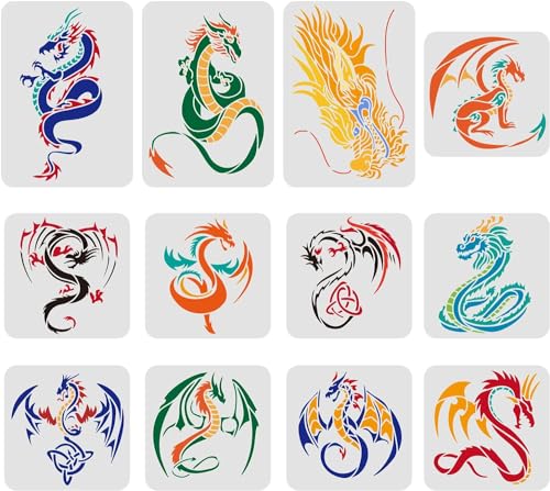 FINGERINSPIRE 12 Pcs Dragon Stencils Drawing Painting Templates Sets Plastic Flying Dragon Drawing Painting Stencils Dragon Template Sets for Painting on Wood, Floor, Wall and Tile