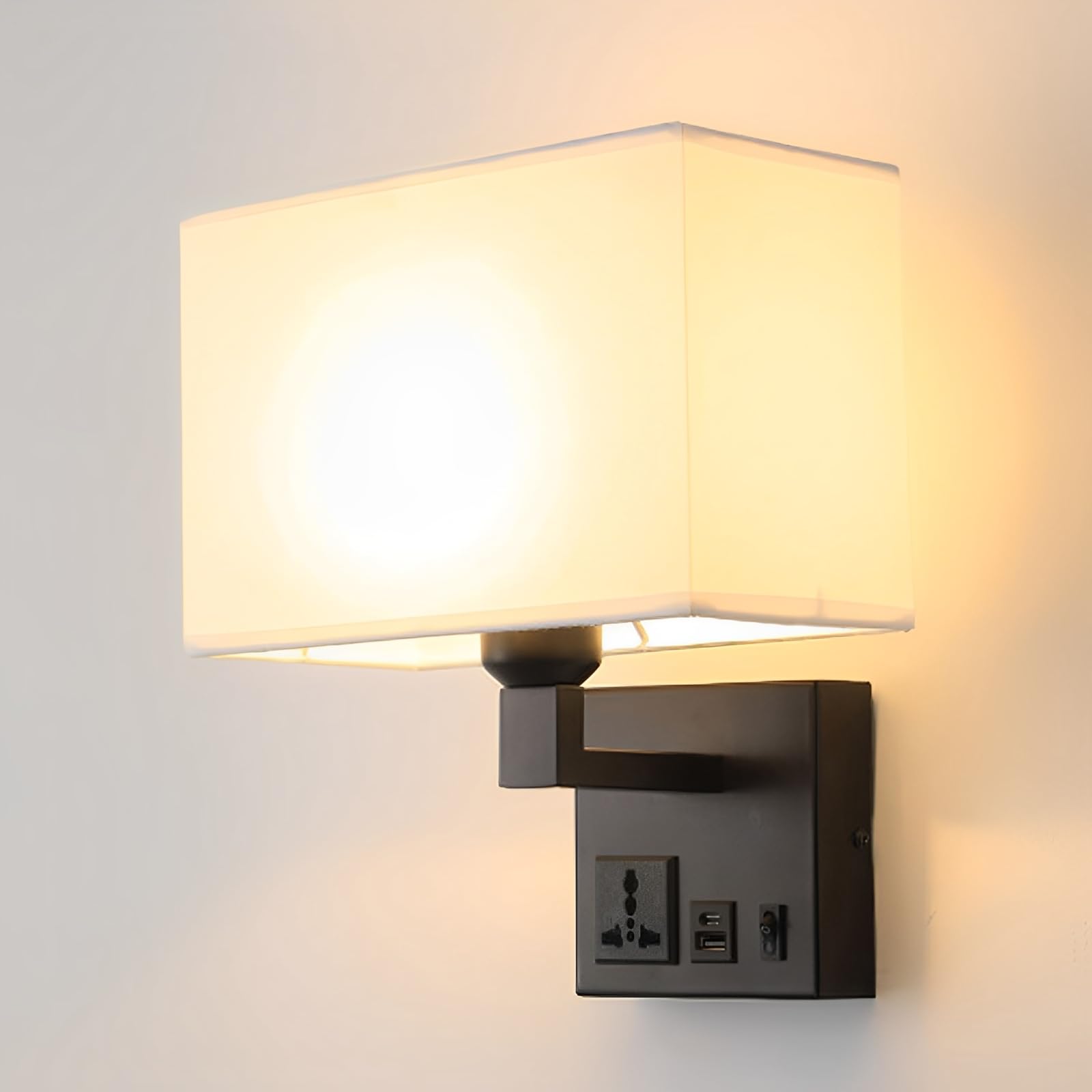 TCHAUSGZUS Hardwired Wall Light Fixture with USB Charging Port and Outlet - Fabric Wall Sconce for Bedroom, Study Room, Lounge, and Bathroom(Black+White)