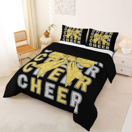 Image of Feelyou Cheer Bow Bedding Set Soft for Boys Girls, Glitter Cheerleader Comforter Set Twin Size Cheerleading Duvet Quilt Microfiber Sport Bedroom Decor 2 Pcs with 1 Pillow Cases