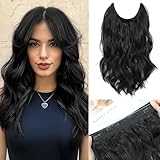 Morichy Unsichtbare Draht-Haarverlängerungen 35,6 cm Kurze, gewellte synthetische Halos-Haarverlängerung mit transparentem Draht, verstellbarer Größe, 4 Sicherheitsclips, natürliche schwarze Haarteile