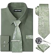 Barry.Wang Solid Colors Mens Dress Shirt and Tie Set Formal Business Wedding Shirts Long Sleeve B...