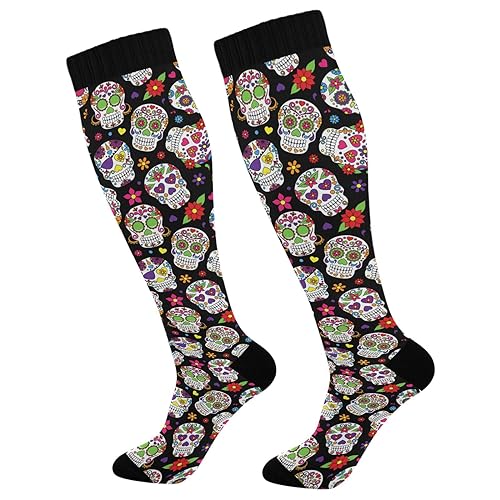 Fisyme Sugar Skull Floral Socks for Men Women, Warm Comfort Athletic Crew Running Hiking Cycling Compression Socks