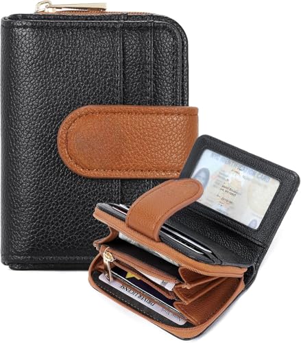 Small Bifold Genuine Leather Wallet for Women RFID Blocking with Zipper Coin Pocket (Black Brown)3