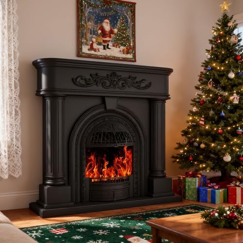 Image of Electric Fireplace with Mantel, Solid Wood Black TV Stand with Fireplace for Living Room,Black Birdcage Fire Place Heater with Roman Column Design for Bedroom