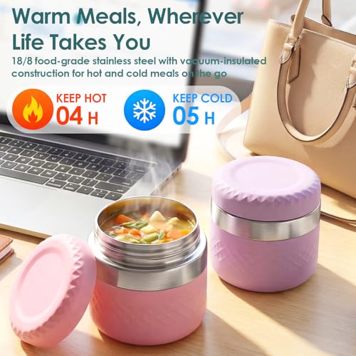 Image of 24 oz Insulated Food Jar, Stainless Steel Lunch Container, Pink | 18 /8 Stainless Steel, Leakproof Lid, Wide Mouth, Silicone Sleeve, Measurement Marks, Hot & Cold Food, Soup, Dishwasher Safe