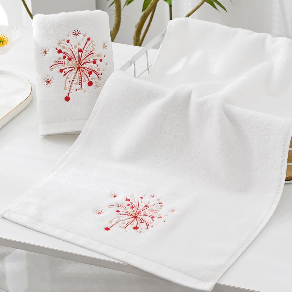 YiLUOMO White Hand Towels Set of 2 Super Soft 100% Cotton Highly Absorbent Elegant Red Spark Fireworks Embroidered Design Hand Towel for Bathroom Decor 13 x 29 Inch