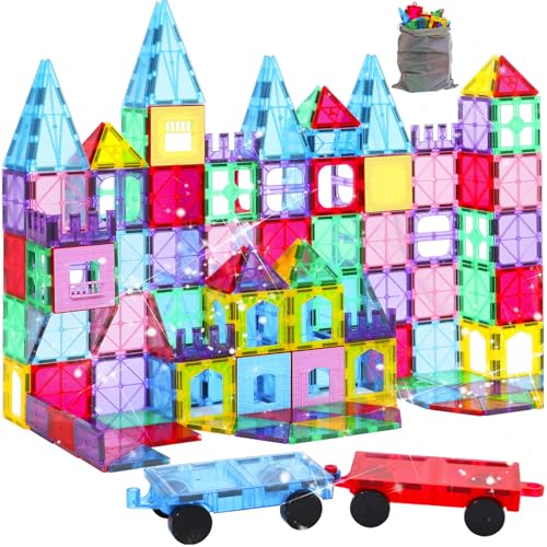Upgraded Antibacterial Magnetic Tiles 142PCS with 2 Cars, Built-in Antibacterial Protection, Inhibits Bacterial Growth for Healthier Play, STEM Educational Building Blocks for Kids Ages 3+