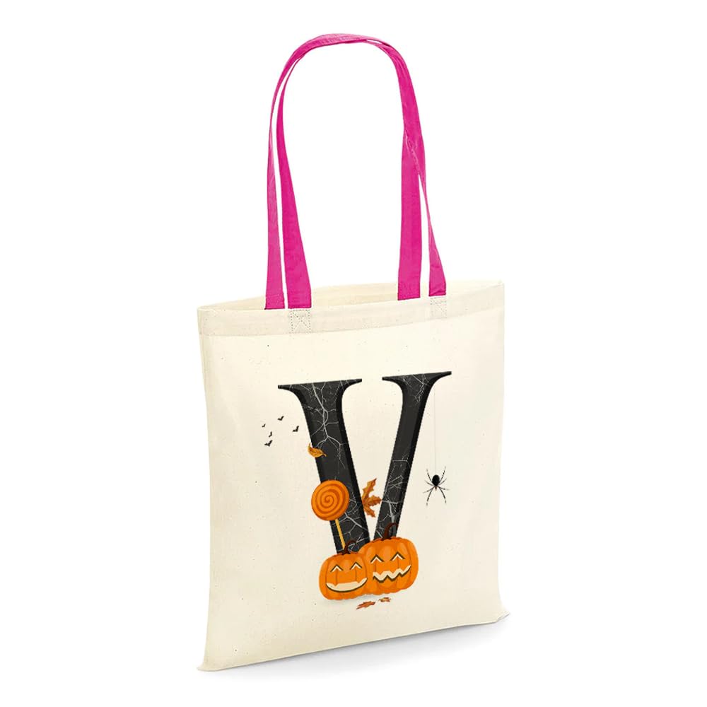 Halloween Bags, Initial Tote Bag, Gifts for Girl, Trick or Treat Bag, Halloween Pumpkin Party, Girl Gift, Reusable Bag, Shopping Bag, Fuchsia Handle Tote Bag. (V)
