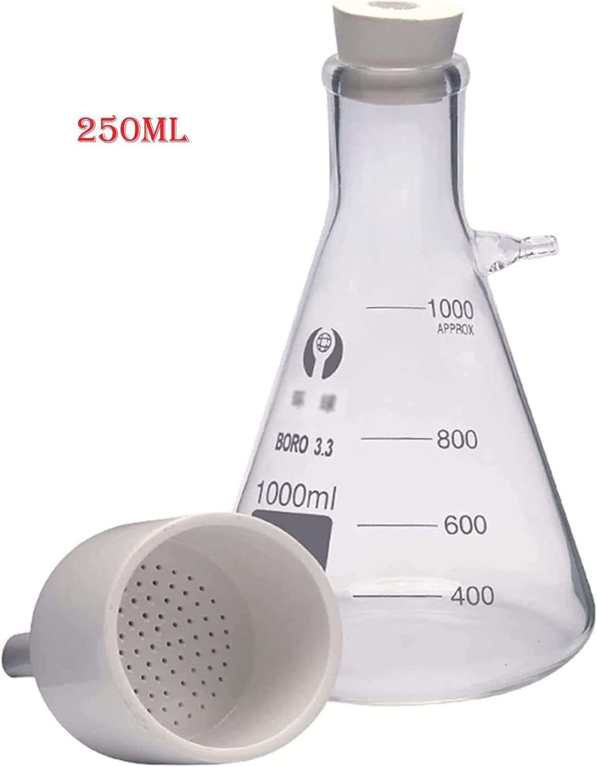 Filtro de succión al vacío de vidrio de 250 ml, aparato de destilación de filtración al vacío de laboratorio con embudo y bomba de filtro de succión de vidrio para reducir la presión en el experimento