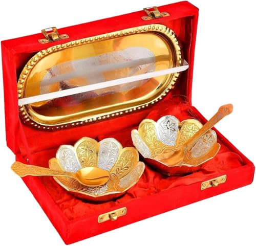 Image of White Metal Silver /Gold Plated Traditional Kamal Bowl Set - 5 Pieces, 30 Microliter