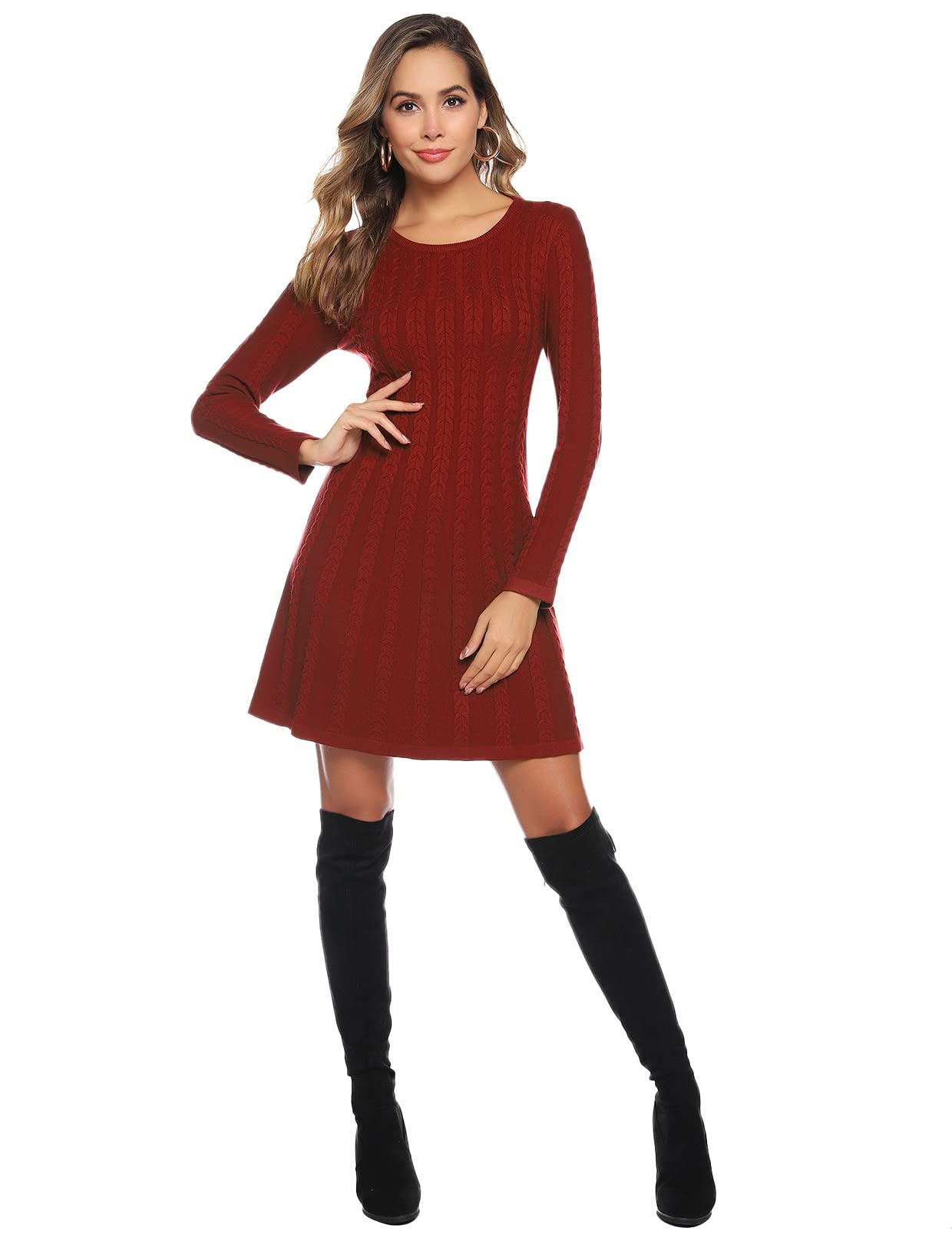 Gyabnw Vestito Casual Donna Invernale in Maglione Abito Vita Alta Elegante in Girocollo di Orlo Svasato Abito Linea A in Maglia al Ginocchio Caldo di Moda Treccia Ritorta